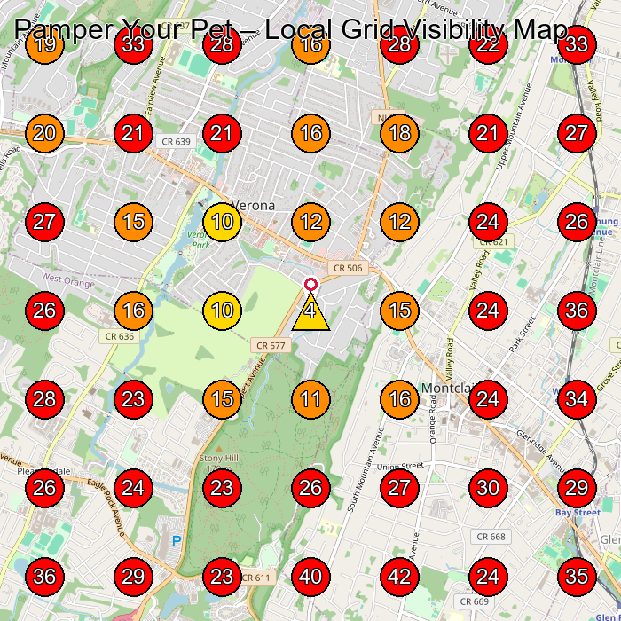 Pamper Your Pet GeoGrid visibility map for Pet Groomer in Upper Montclair